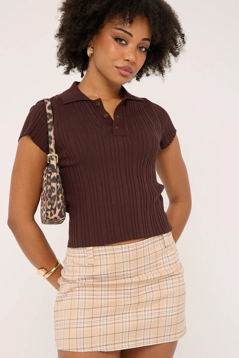 Luck & Trouble Knitted Polo Button Up Top Brown