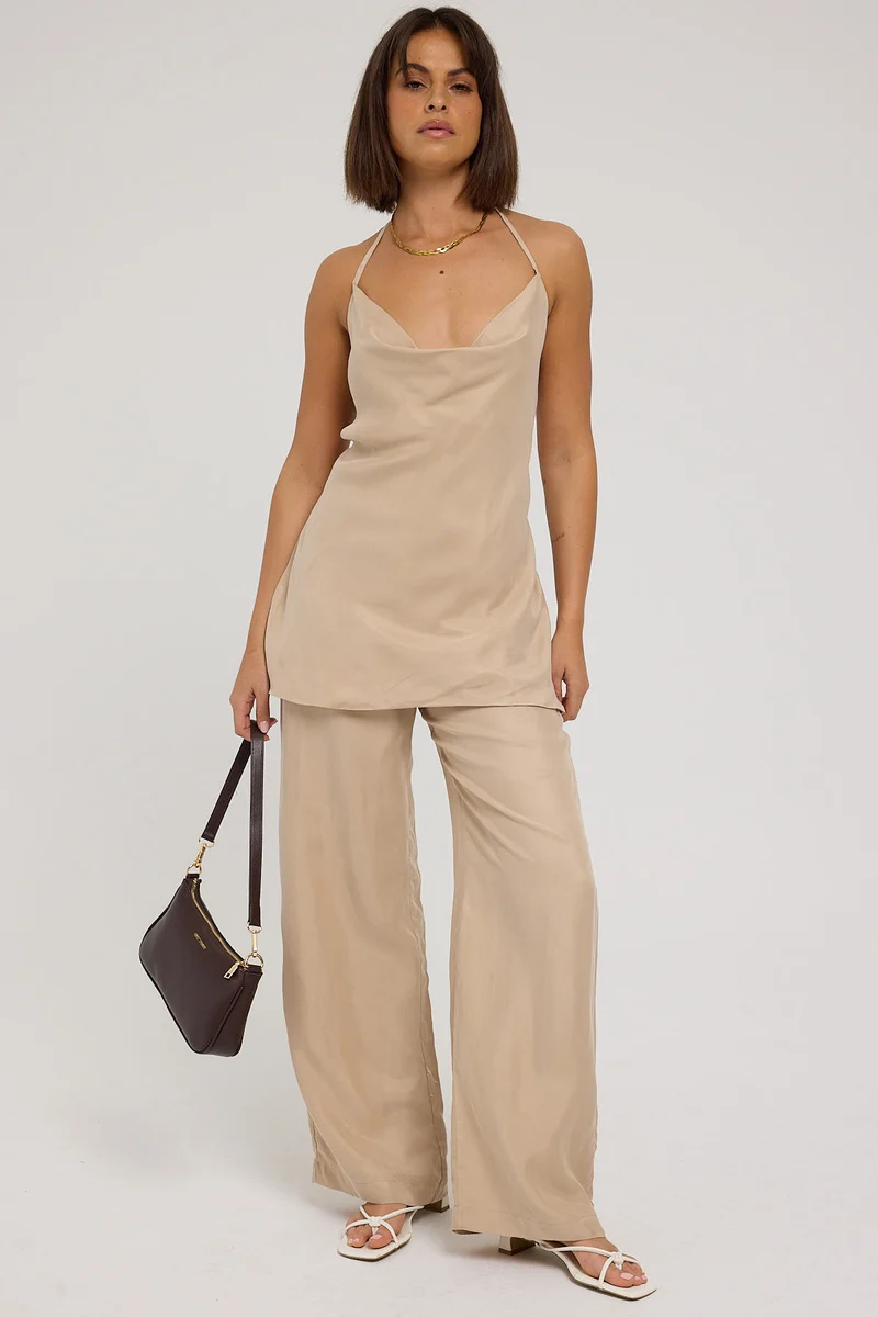 Perfect Stranger Giulia Long Line Tie Back Cupro Top Nude