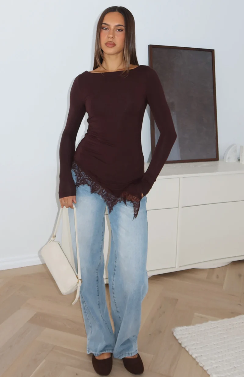 Stepping Out Later Lace Trim Long Sleeve Top Chocolate