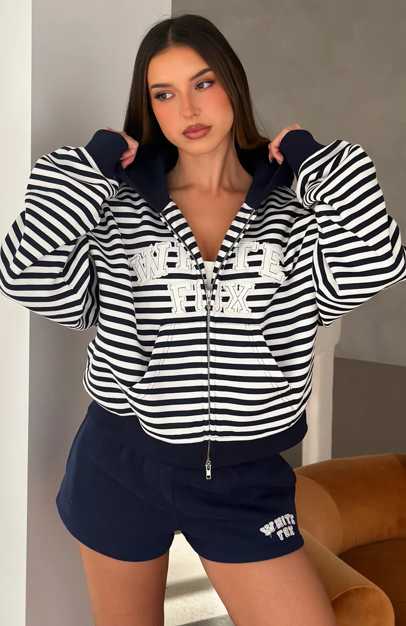 Soft Vibe Boxy Zip Front Hoodie Navy / White Stripe