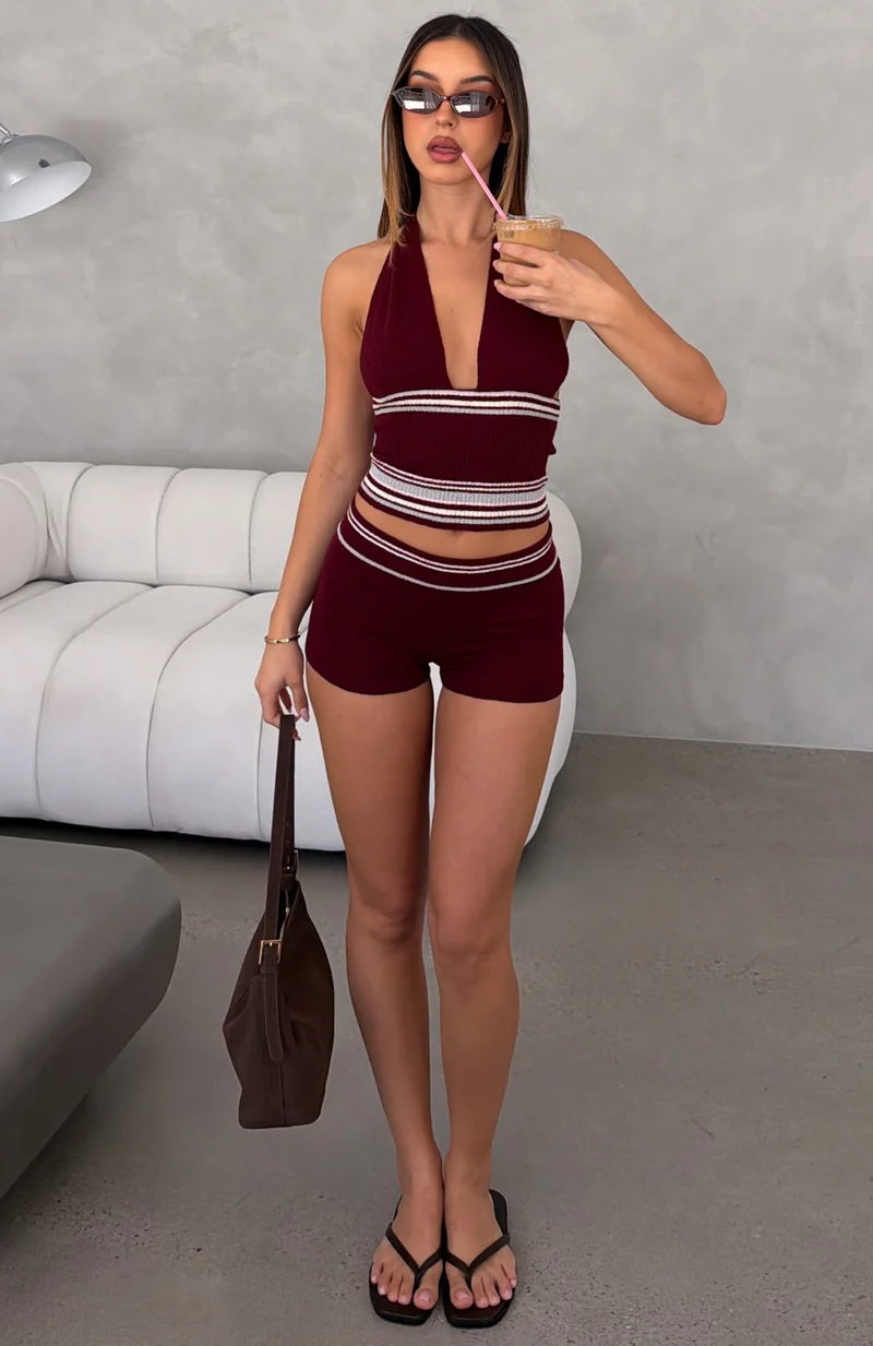 Ciao Bella Knit Shorts Burgundy Stripe