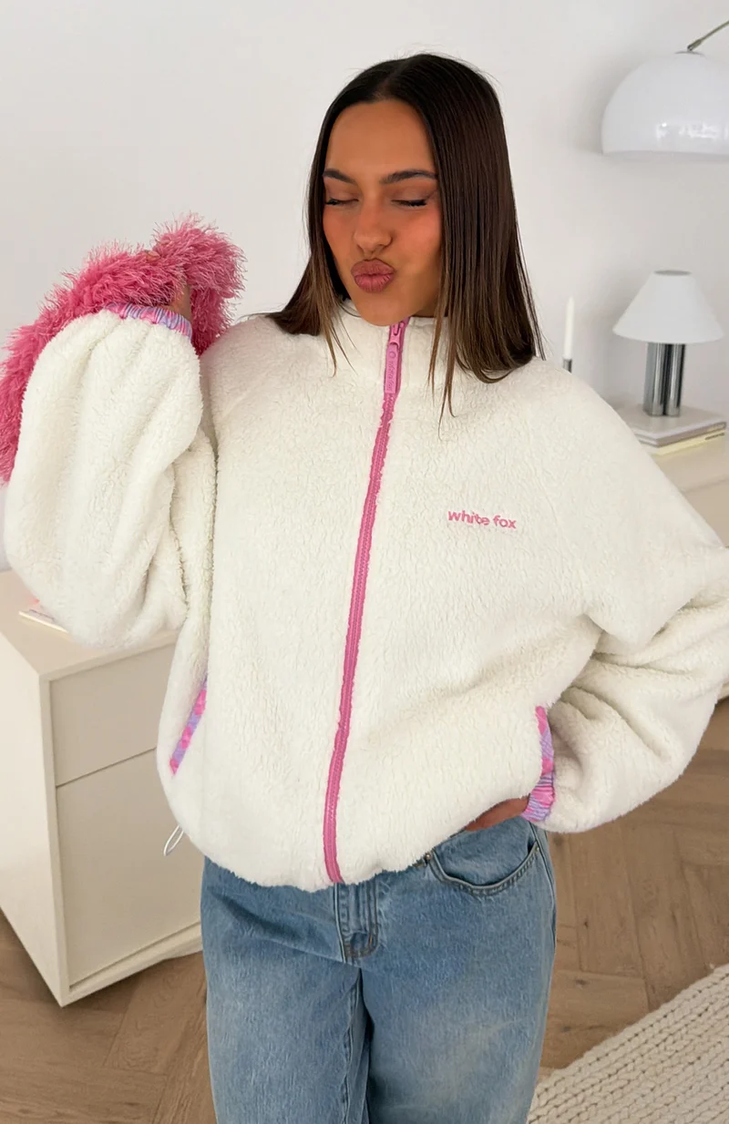 We're Not Working Zip Front Fleece Jacket Cream