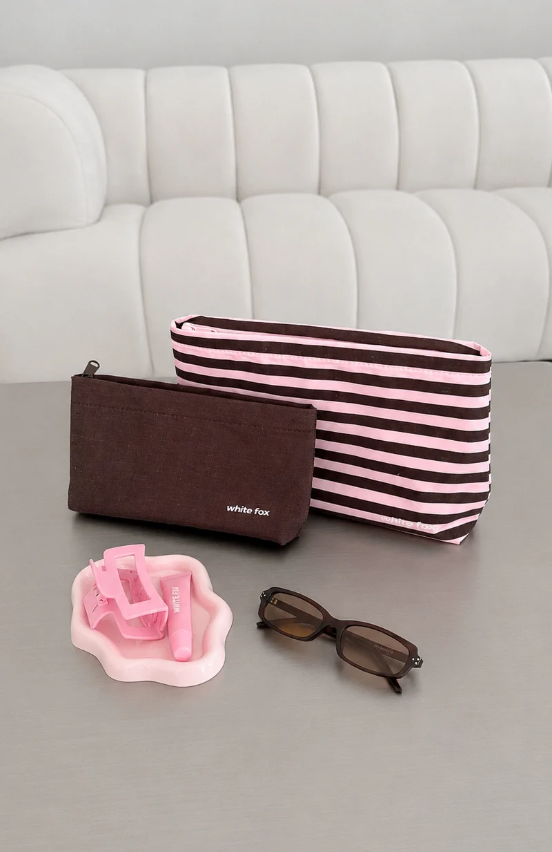 Maddox 2 Pack Cosmetic Pouch Chocolate & Pink Stripe