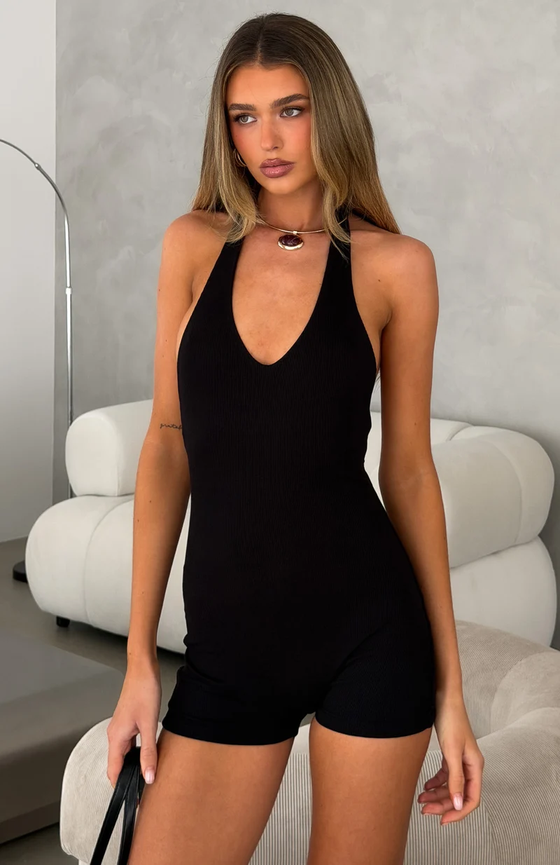 Maybe It's You Ribbed Halter Playsuit Black