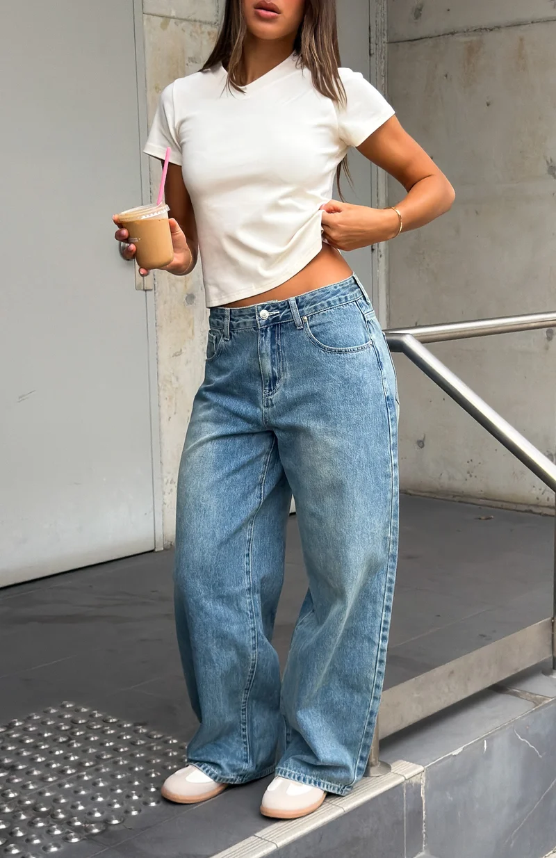 Not My Type Denim Low Rise Wide Leg Jeans Brown Blue Wash